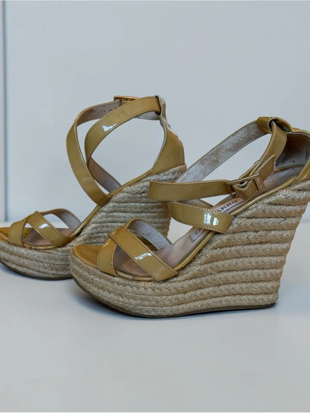 JIMMY CHOO Patent Leather Espadrille Wedge Sandals in Beige and raffia heel